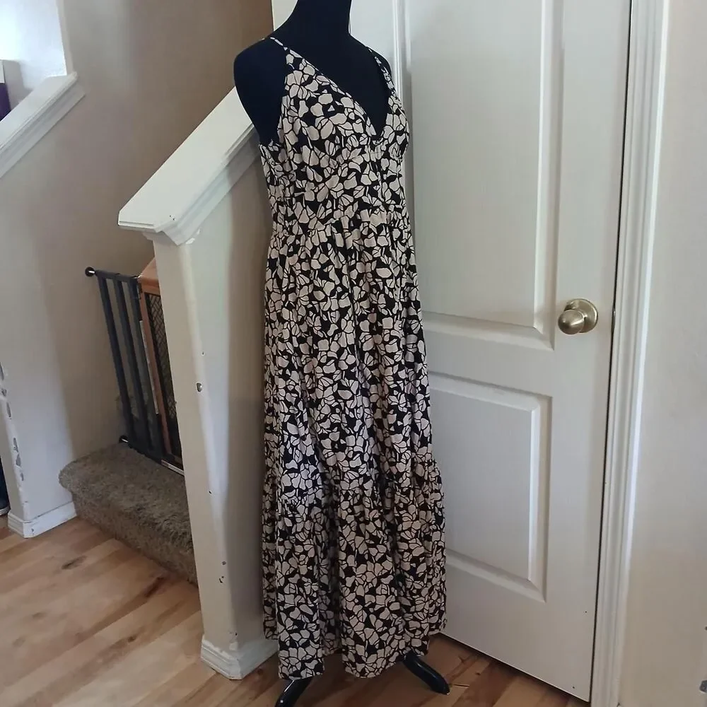 Abercrombie & Fitch Linen & Cotton Blend Black/Tan Floral Button Up Maxi Dress L